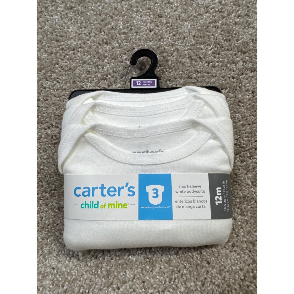 Carters Child of Mine 3 Pack White Short Sleeve Bodysuits 12M New